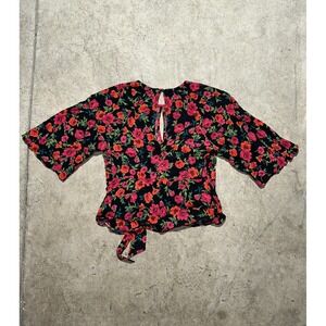 Express Women's Sz XS Black Pink Floral Tie Back Blouse Zip 3/4 Sleeve Shirt